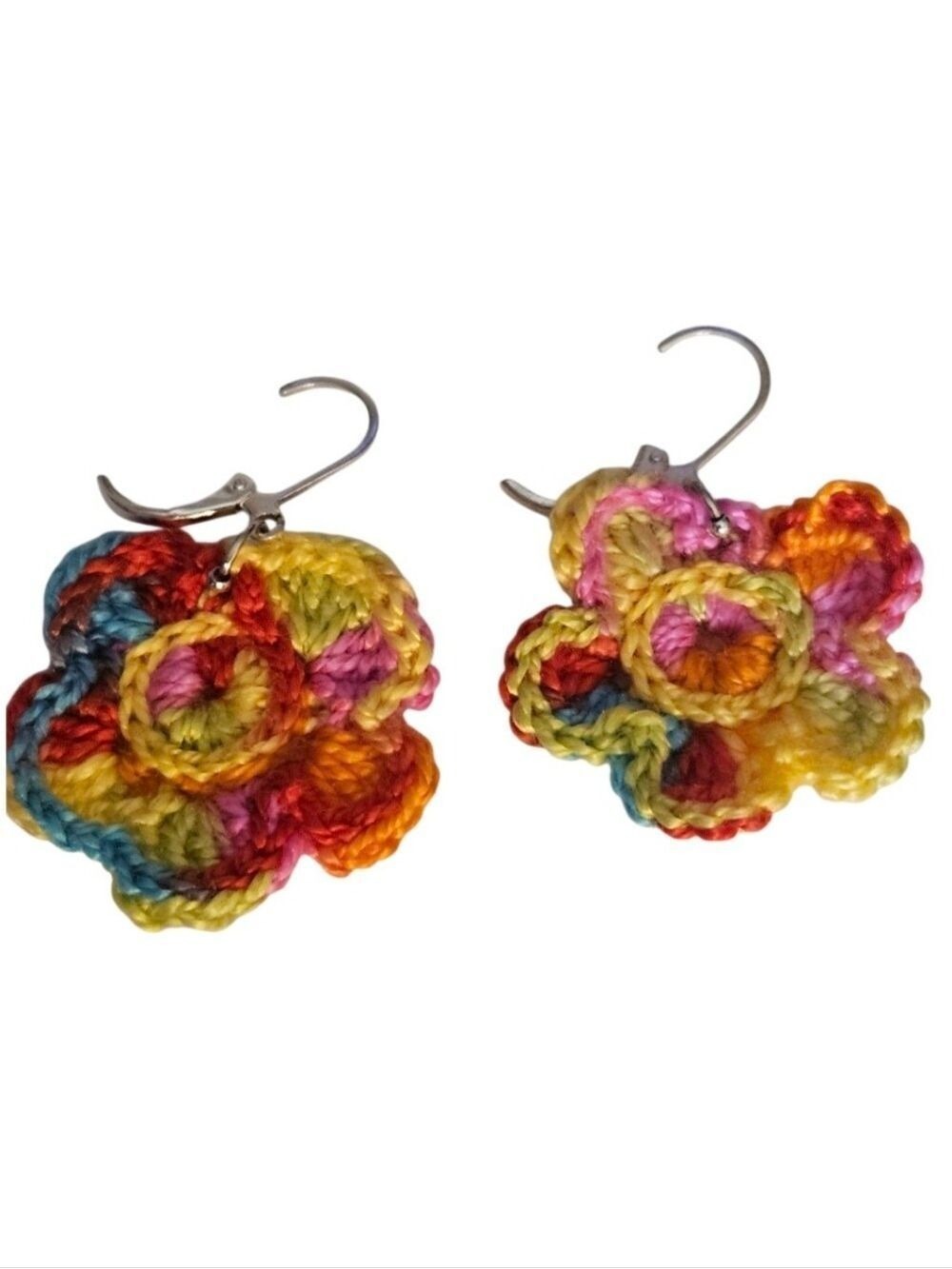 Hand Crafted Multi Color Crochet Flower Earrings Festival Wear Rainbow Jewelry - Picture 7 of 16